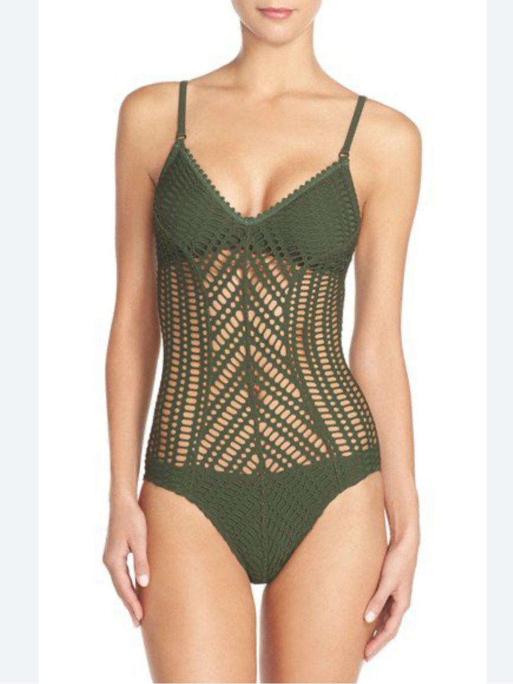 Robin Piccone Olive Crochet One-Piece Swimsuit. The Sophia cutout. Size 8
